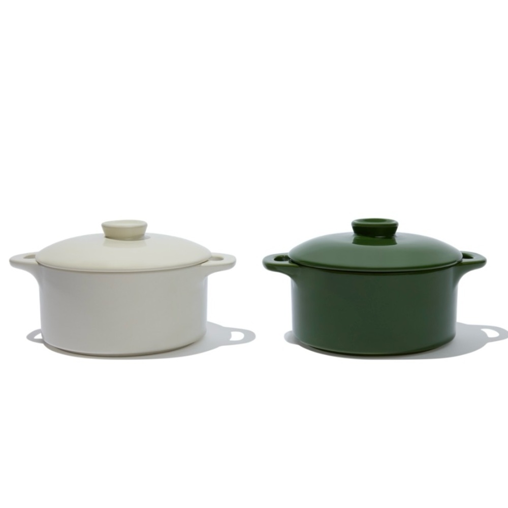 Brand New Mini Round Ceramic Cocotte Set in Cream and Green